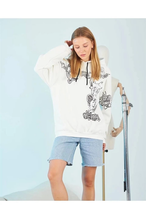 Kapüşonlu Üç İplik Sweatshirt - Beyaz Strong Heykel Baskılı, Rahat Kalıp, Kanguru Cepli Modern Tasarım -
