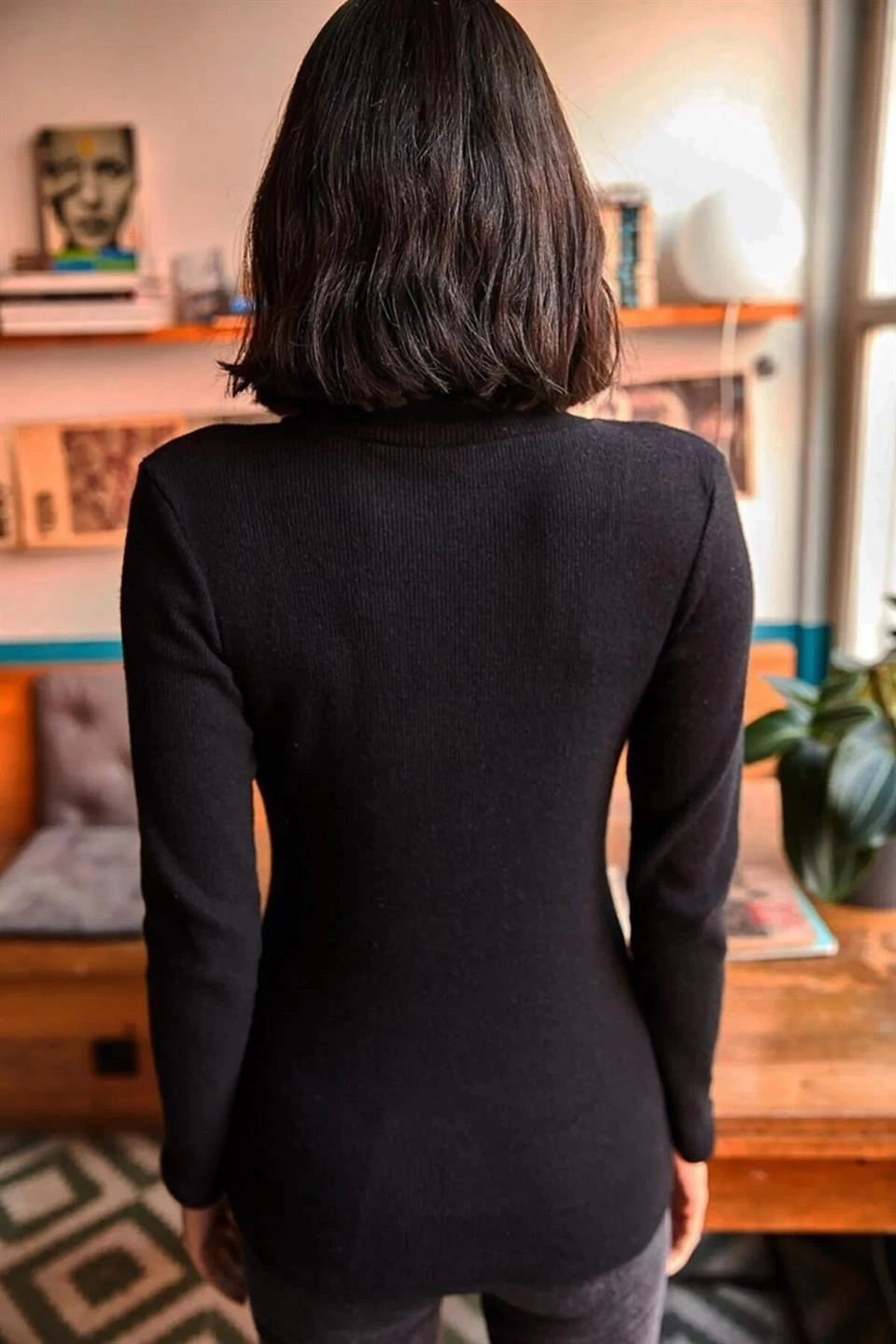 Kaşkorse Boğazlı Full Likralı Fitilli Body Kazak - Siyah