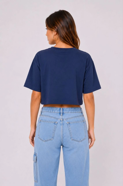 Kadın Kedi Baskılı Oversize Crop Tişört Salaş Basic Yarım Kol T-shirt - Lacivert
