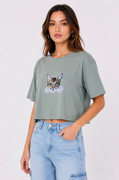 Kadın Kedi Baskılı Oversize Crop Tişört Salaş Basic Yarım Kol T-shirt - Mint Yeşili