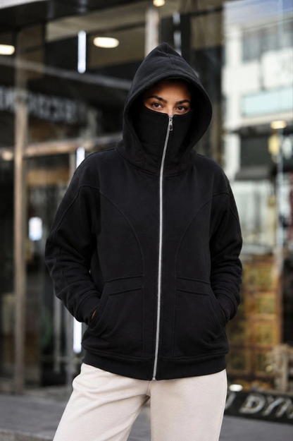 Kadın Maskeli Ninja Model Çift Kapüşonlu 3 İplik Şardonlu Fermuarlı Oversize Sweatshirt - Siyah