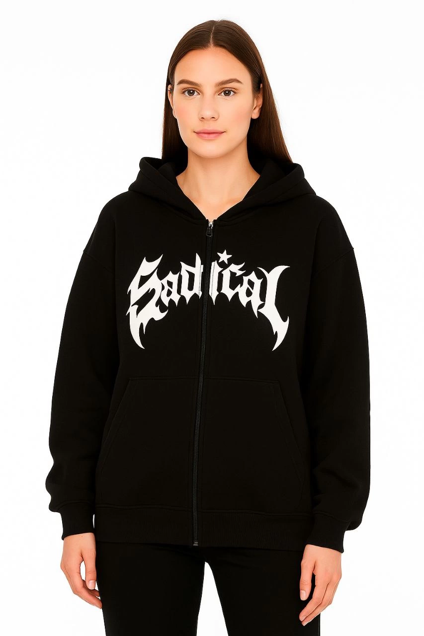 Oversize Kapüşonlu Sweatshirt  Hoodie 3 İplik Şardonlu Pamuklu Kumaş, Önü Baskılı, Fermuarlı Rahat Kalıp, Kışlık ve Sokak Stili Sweat - Siyah