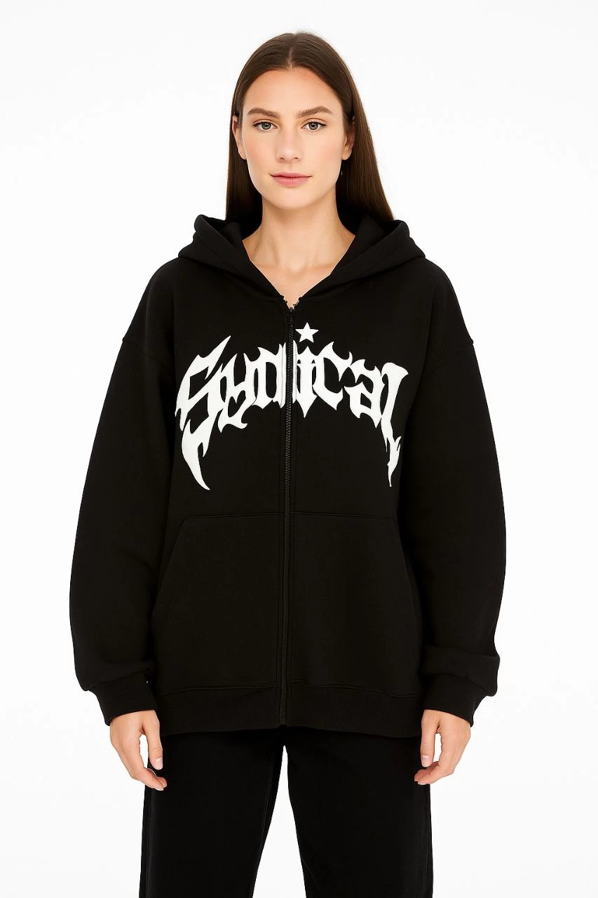 Oversize Kapüşonlu Sweatshirt  Hoodie 3 İplik Şardonlu Pamuklu Kumaş, Önü Baskılı, Fermuarlı Rahat Kalıp, Kışlık ve Sokak Stili Sweat - Siyah