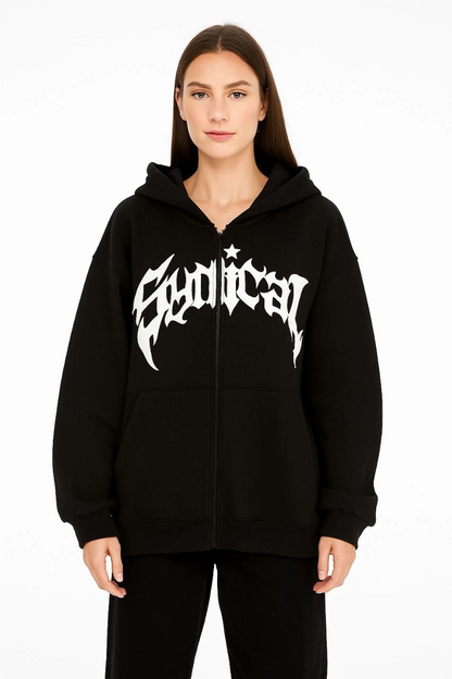 Oversize Kapüşonlu Sweatshirt  Hoodie 3 İplik Şardonlu Pamuklu Kumaş, Önü Baskılı, Fermuarlı Rahat Kalıp, Kışlık ve Sokak Stili Sweat - Siyah