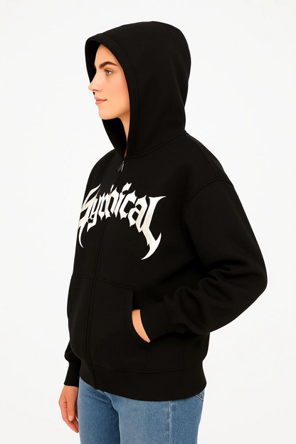 Oversize Kapüşonlu Sweatshirt  Hoodie 3 İplik Şardonlu Pamuklu Kumaş, Önü Baskılı, Fermuarlı Rahat Kalıp, Kışlık ve Sokak Stili Sweat - Siyah