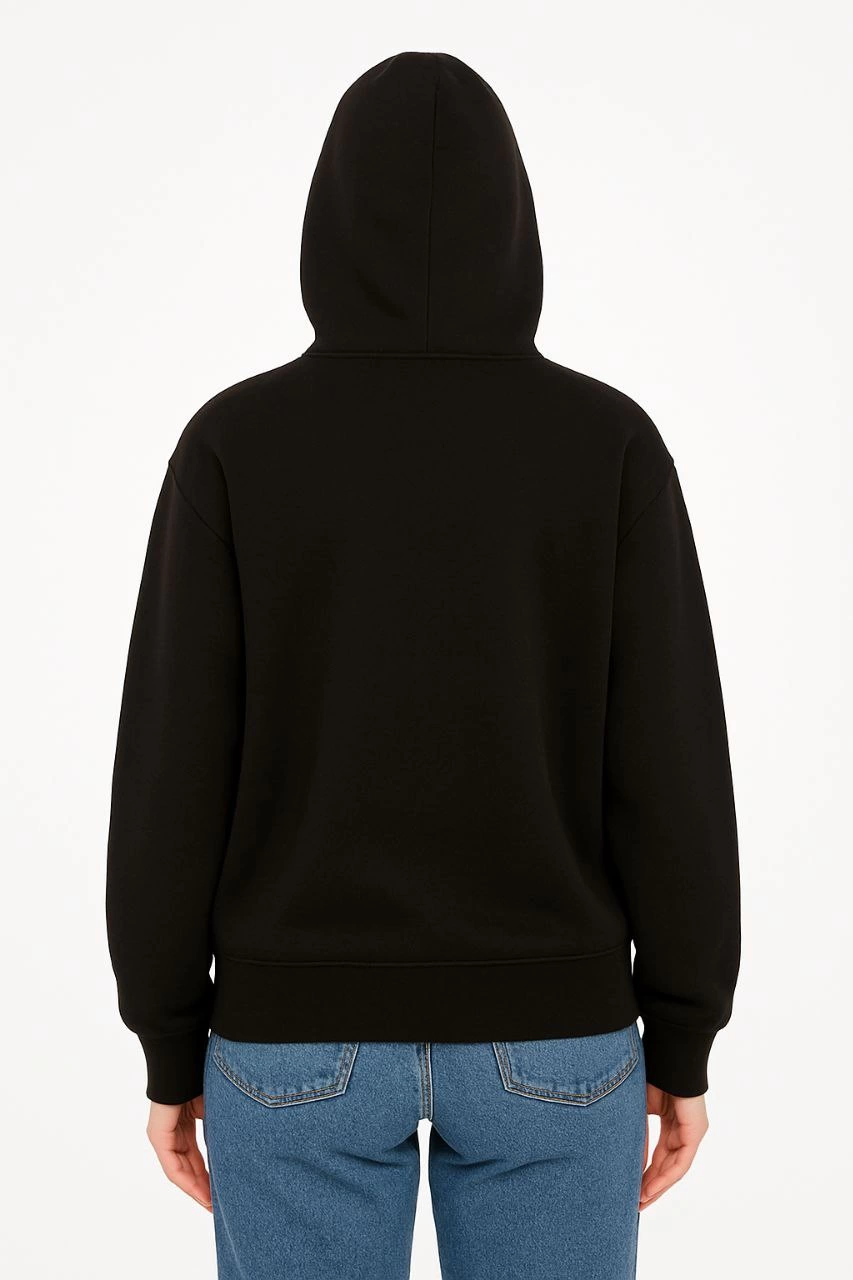 Oversize Kapüşonlu Sweatshirt  Hoodie 3 İplik Şardonlu Pamuklu Kumaş, Önü Baskılı, Fermuarlı Rahat Kalıp, Kışlık ve Sokak Stili Sweat - Siyah