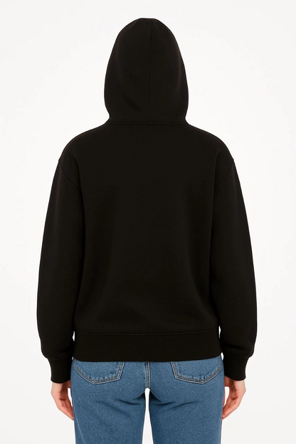 Oversize Kapüşonlu Sweatshirt  Hoodie 3 İplik Şardonlu Pamuklu Kumaş, Önü Baskılı, Fermuarlı Rahat Kalıp, Kışlık ve Sokak Stili Sweat - Siyah