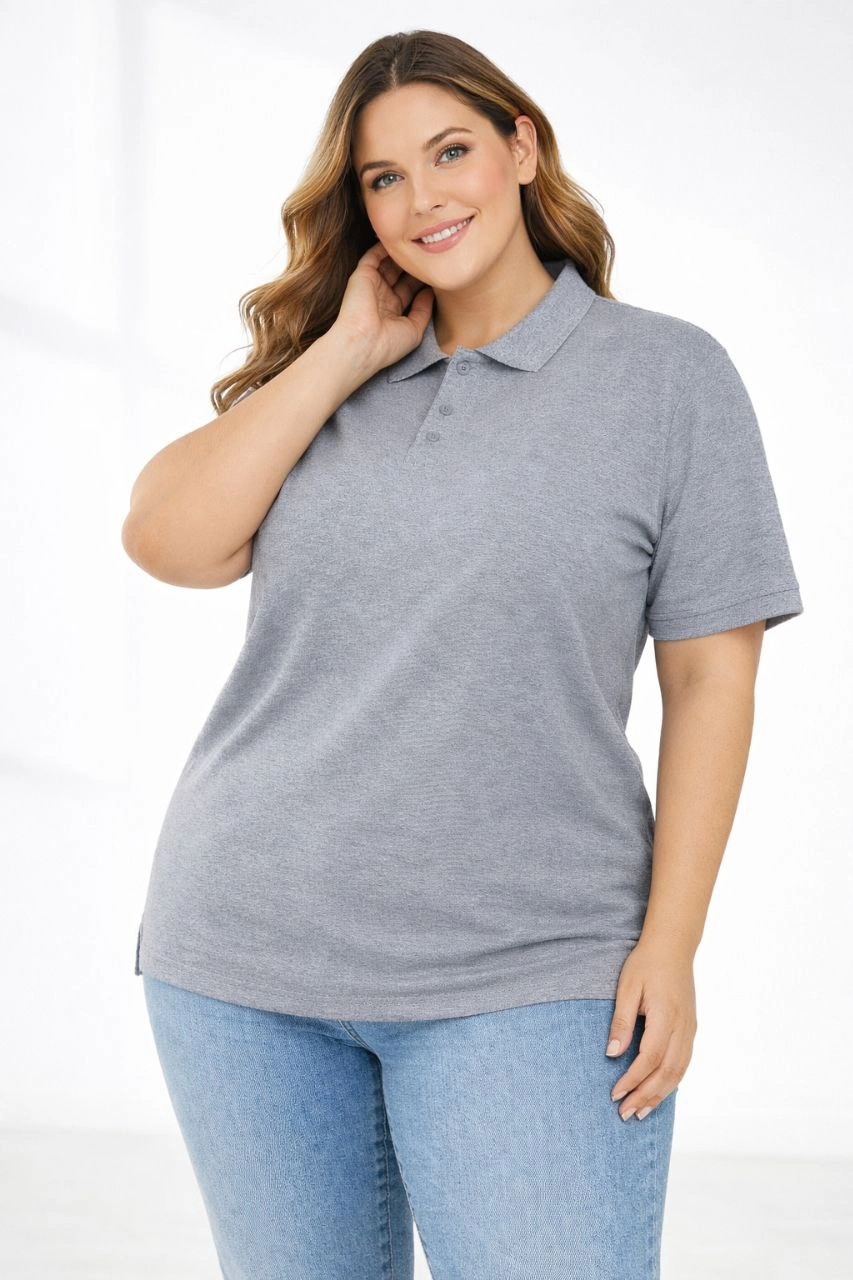 Kadın Battal Beden Tişört Polo Yaka Pike Kumaş Kısa Kol T-Shirt - Gri