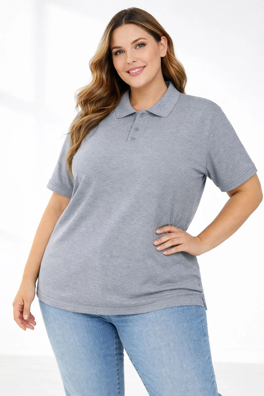 Kadın Battal Beden Tişört Polo Yaka Pike Kumaş Kısa Kol T-Shirt - Gri