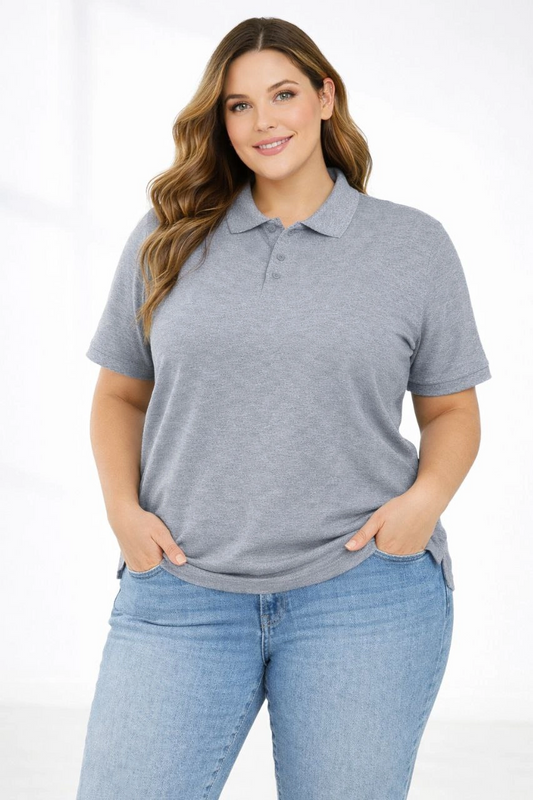 Kadın Battal Beden Tişört Polo Yaka Pike Kumaş Kısa Kol T-Shirt - Gri