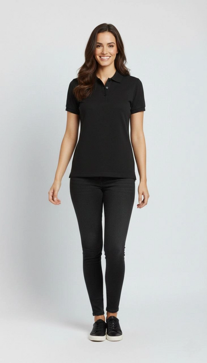 Kadın Polo Yaka Tişört Pike Kumaş Kısa Kol Regular Fit Yazlık T-Shirt - Siyah