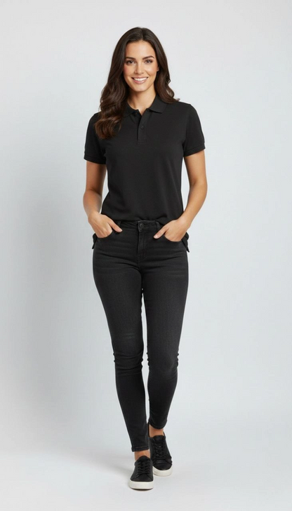 Kadın Polo Yaka Tişört Pike Kumaş Kısa Kol Regular Fit Yazlık T-Shirt - Siyah