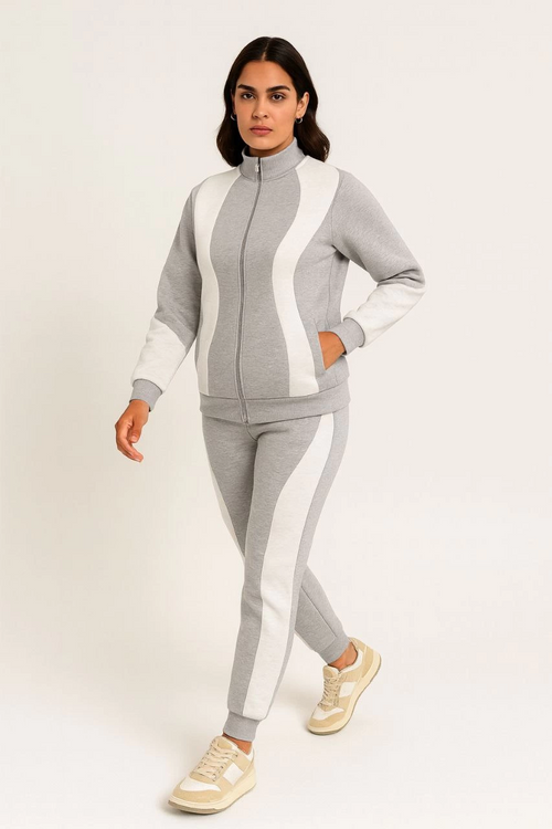 Premium Parçalı Eşofman Takım - Dik Yaka Fermuarlı Sweatshirt - Gri -