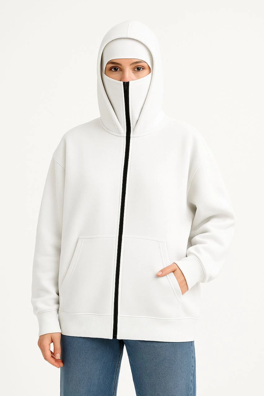 Samuray Ninja Çift Kapşonlu ZIP Fermuarlı Kanguru Çepli Hoodie Maske detaylı  sweatshirt - Beyaz