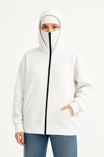 Samuray Ninja Çift Kapşonlu ZIP Fermuarlı Kanguru Çepli Hoodie Maske detaylı  sweatshirt - Beyaz
