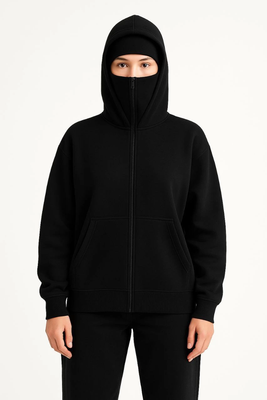 Samuray Ninja Çift Kapşonlu ZIP Fermuarlı Kanguru Çepli Hoodie Maske detaylı  sweatshirt - Siyah