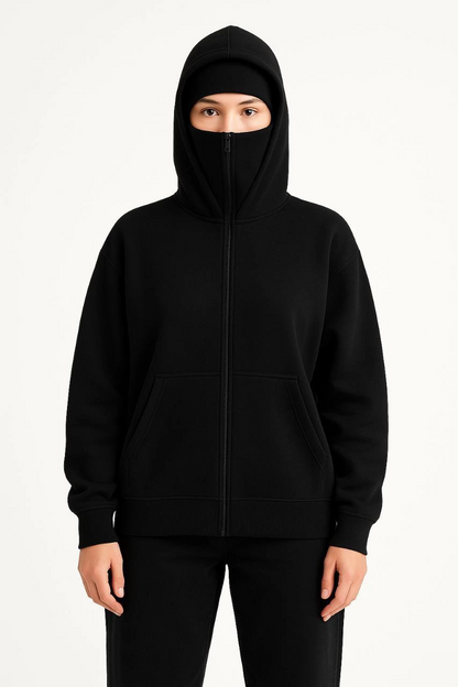 Samuray Ninja Çift Kapşonlu ZIP Fermuarlı Kanguru Çepli Hoodie Maske detaylı  sweatshirt - Siyah