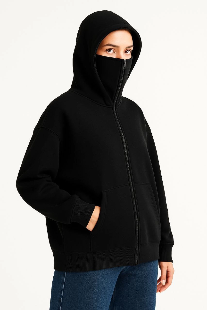 Samuray Ninja Çift Kapşonlu ZIP Fermuarlı Kanguru Çepli Hoodie Maske detaylı  sweatshirt - Siyah