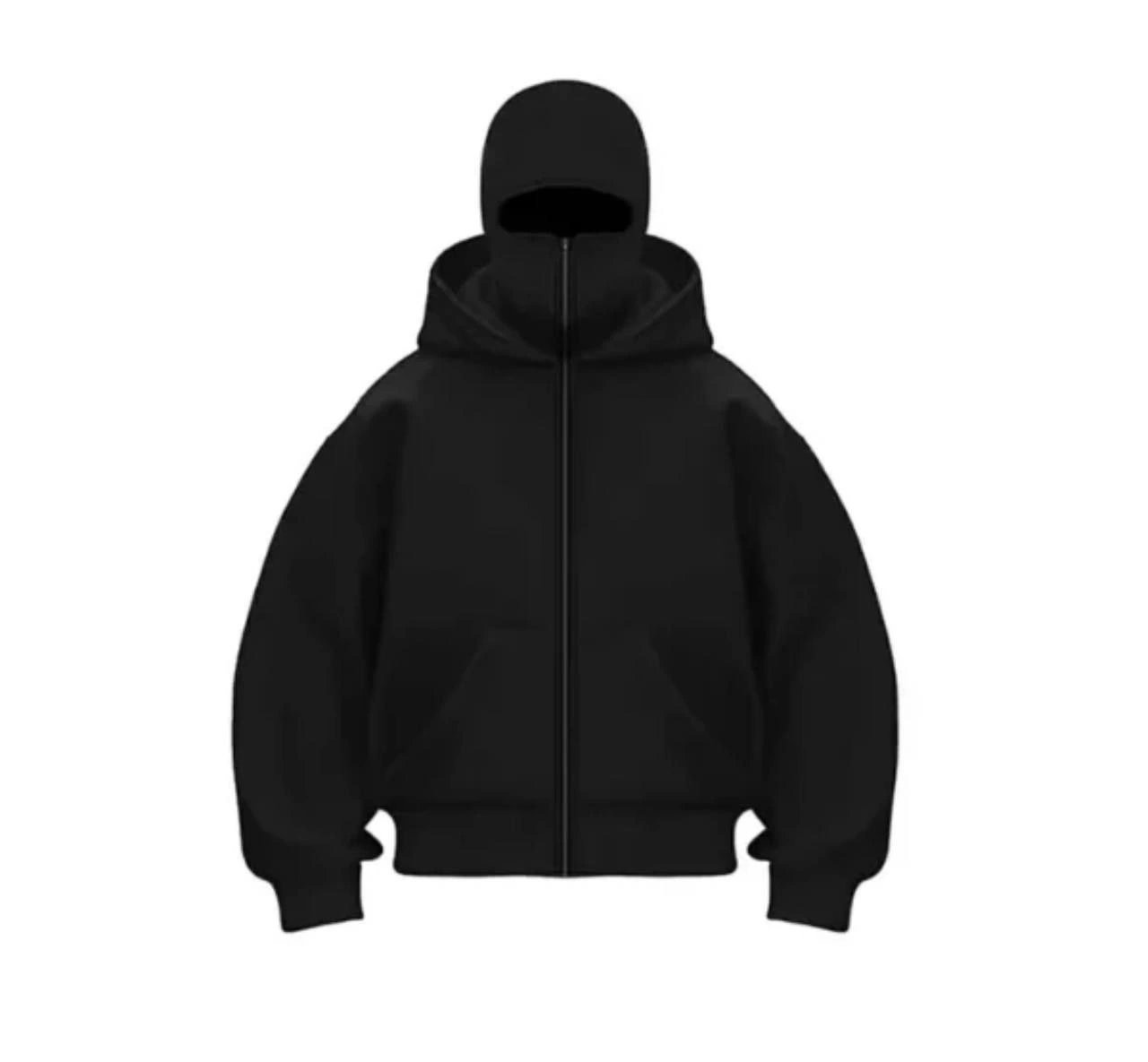 Samuray Ninja Çift Kapşonlu ZIP Fermuarlı Kanguru Çepli Hoodie Maske detaylı  sweatshirt - Siyah