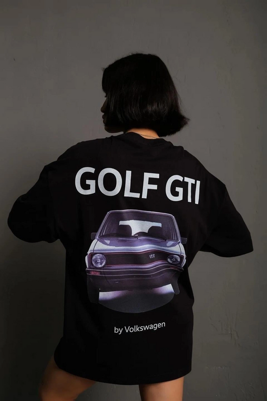 Oversize Baskılı Tişört - Golf GTI Retro Araba Desenli,  Siyah -