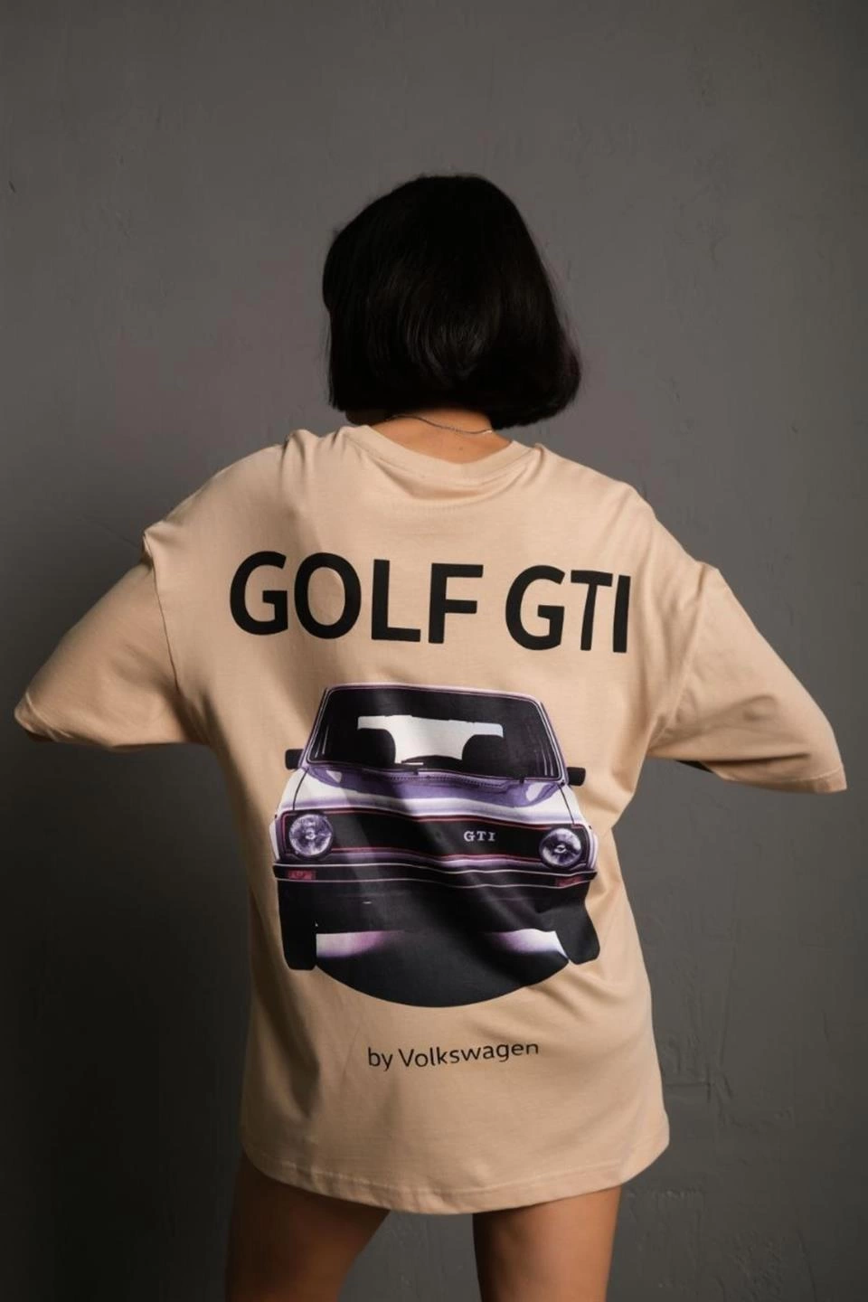 Oversize - Golf GTI Retro Araba Desenli, Ön  Arka Bej -