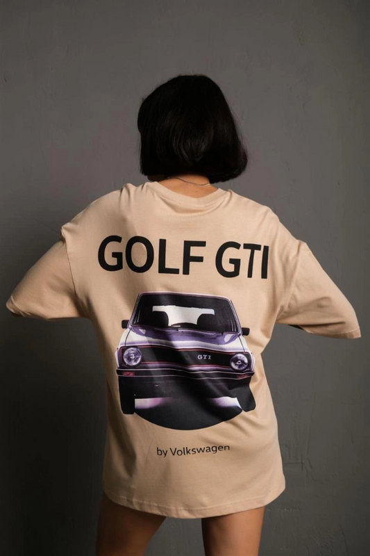 Oversize - Golf GTI Retro Araba Desenli, Ön  Arka Bej -