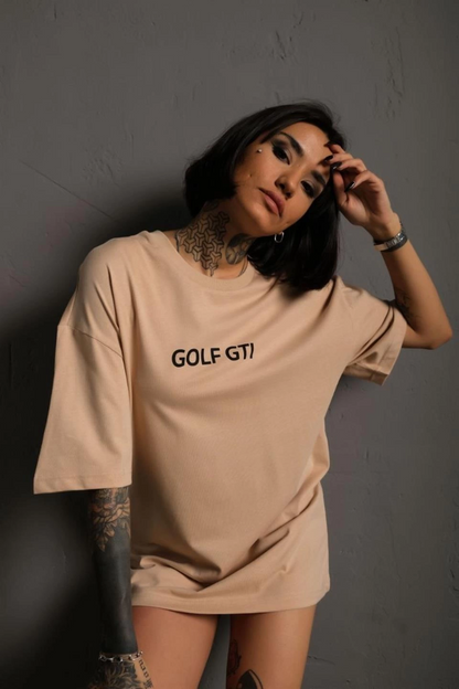 Oversize - Golf GTI Retro Araba Desenli, Ön  Arka Bej -