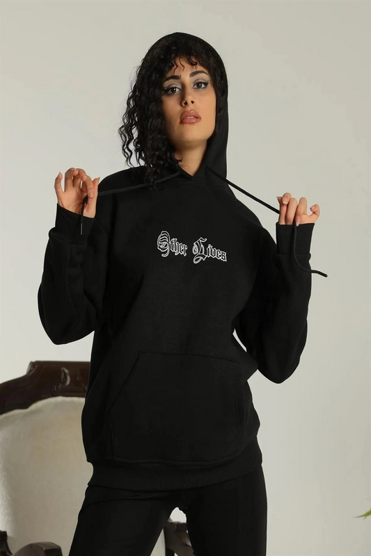 OversizeKapüşonlu Sweatshirt'Other Lives' Ön ve Arka Baskılı,Siiyah -