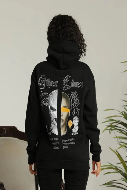 Kapşonlu Sweatshirt - Oversize 'Other Lives' - Siyah -