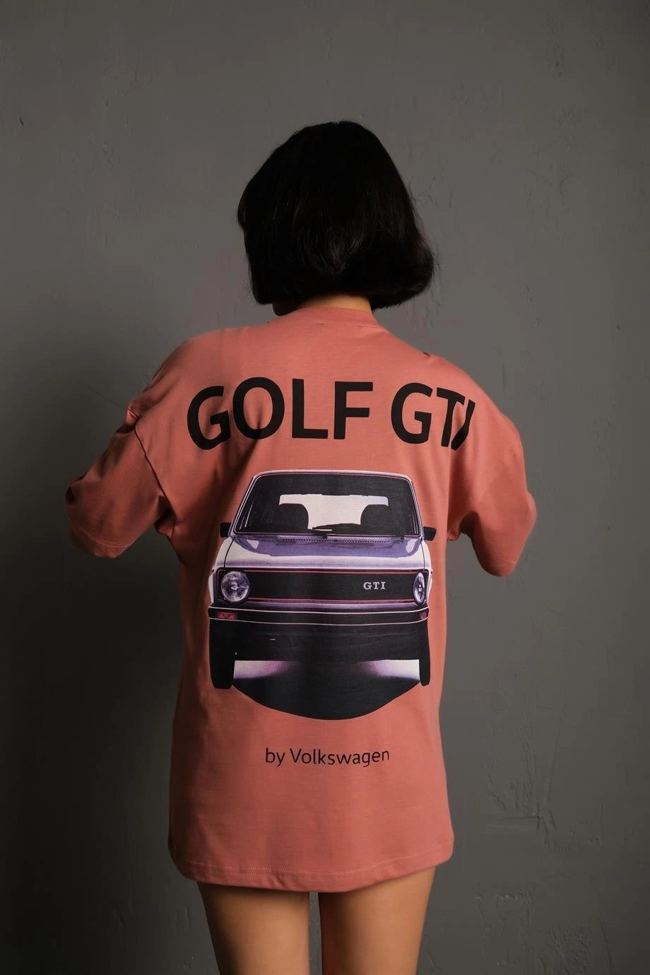 Oversize Baskılı Tişört - Golf GTI Retro Araba Desenli,Gül Kurusu -