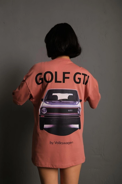 Oversize Baskılı Tişört - Golf GTI Retro Araba Desenli,Gül Kurusu -