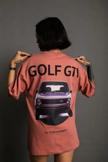 Oversize Baskılı Tişört - Golf GTI Retro Araba Desenli,Gül Kurusu -