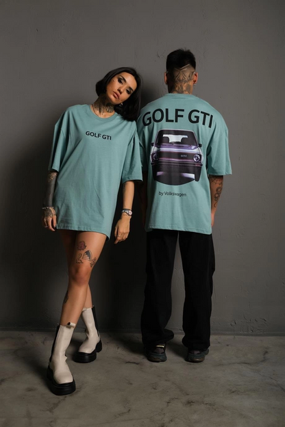 Oversize Baskılı Tişört - Golf GTI Retro Araba Desenli,-Mint Yeşili -