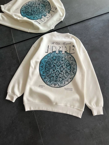 Üç İplik Bisiklet Yaka Baskılı SweatShirt - Beyaz -