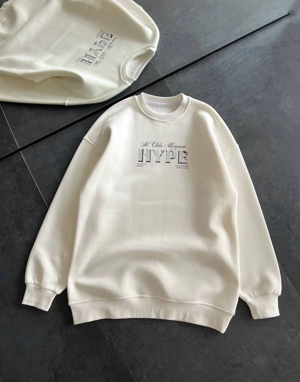 Üç İplik Bisiklet Yaka Baskılı SweatShirt - Beyaz -