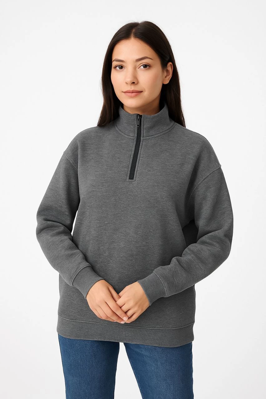 Üç İplik Dık Yaka Yarım Fermuarlı SweatShirt - Antrasit -