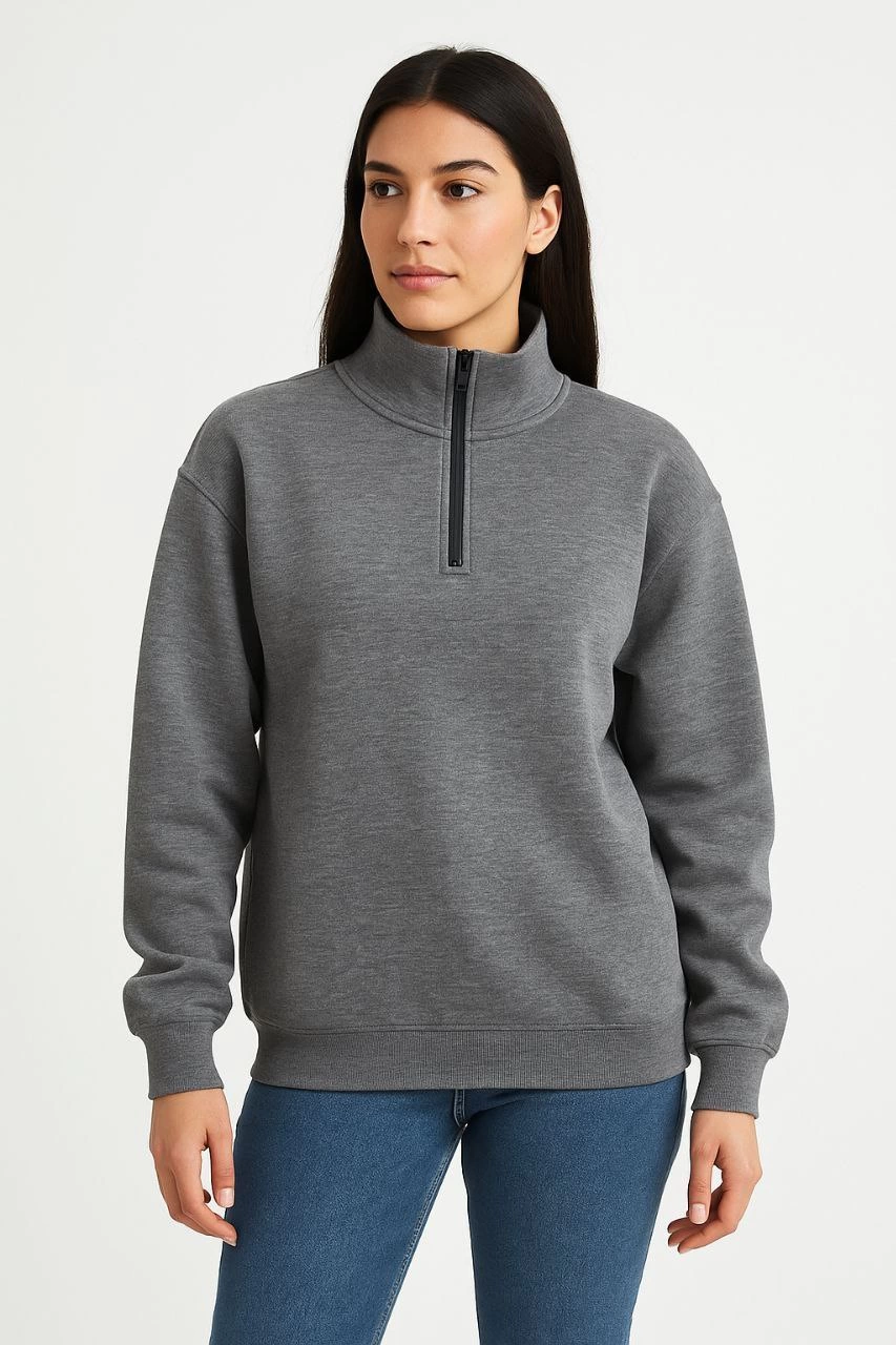Üç İplik Dık Yaka Yarım Fermuarlı SweatShirt - Antrasit -