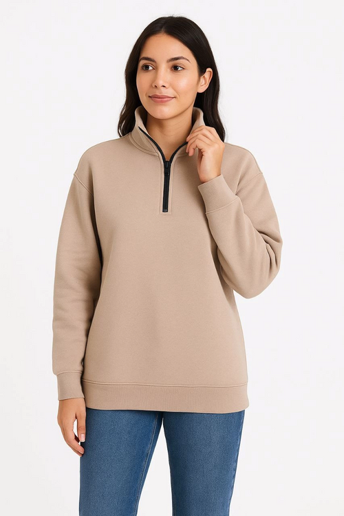 Kadın 3 İplik Dık Yaka Yarım Fermuarlı SweatShirt - Bej