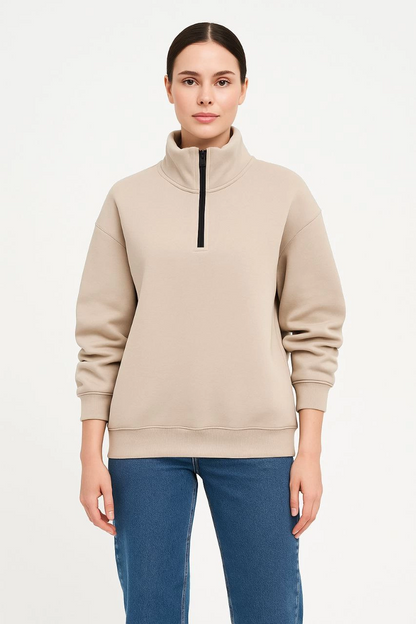 Kadın 3 İplik Dık Yaka Yarım Fermuarlı SweatShirt - Bej