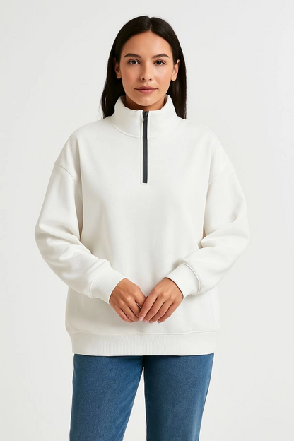 Üç İplik Dık Yaka Yarım Fermuarlı SweatShirt - Beyaz -