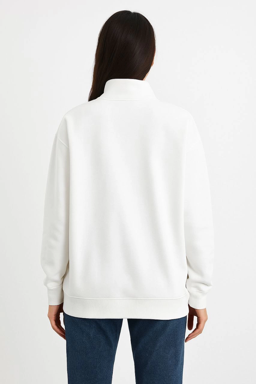 Üç İplik Dık Yaka Yarım Fermuarlı SweatShirt - Beyaz -