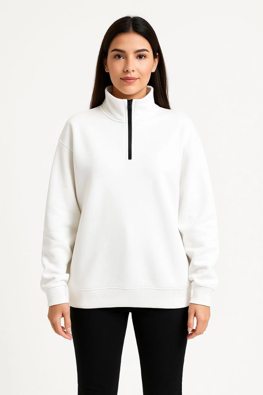 Üç İplik Dık Yaka Yarım Fermuarlı SweatShirt - Beyaz -