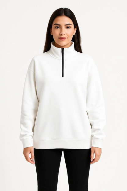 Üç İplik Dık Yaka Yarım Fermuarlı SweatShirt - Beyaz -