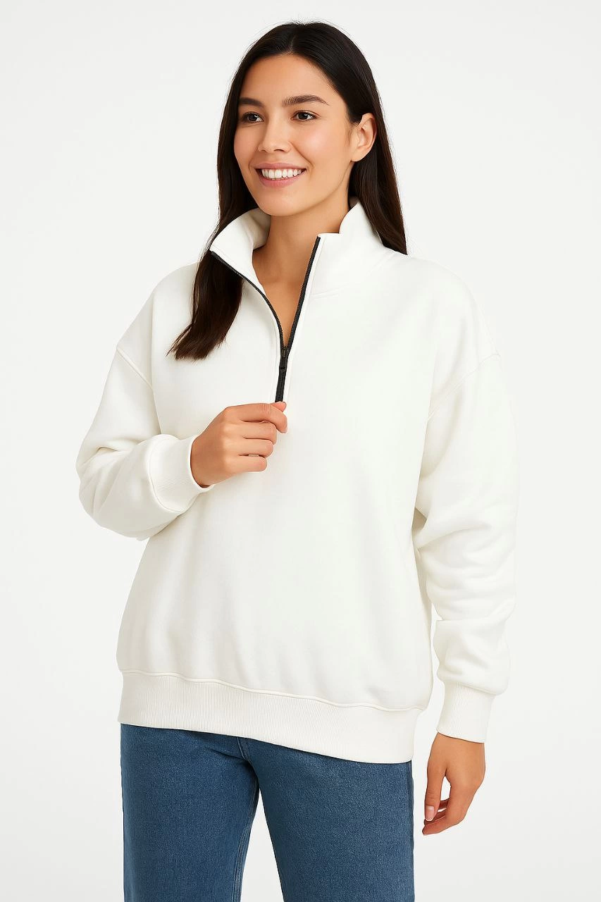 Üç İplik Dık Yaka Yarım Fermuarlı SweatShirt - Beyaz -