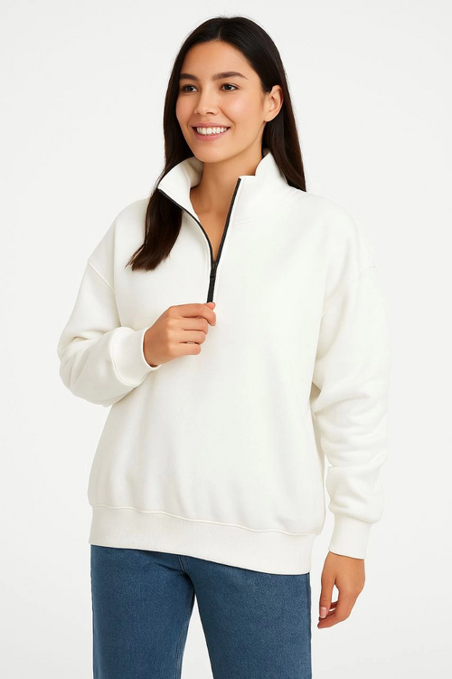 Üç İplik Dık Yaka Yarım Fermuarlı SweatShirt - Beyaz -