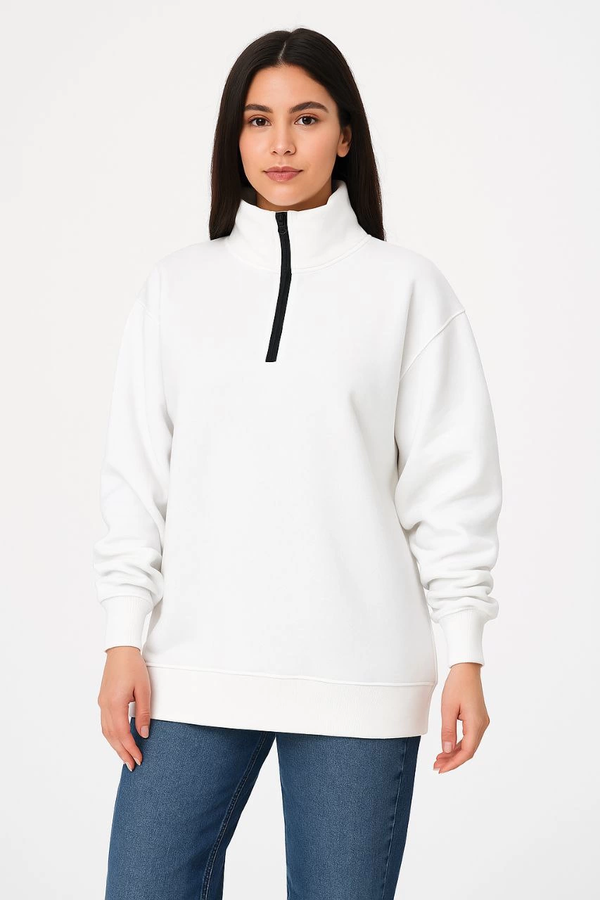 Üç İplik Dık Yaka Yarım Fermuarlı SweatShirt - Beyaz -