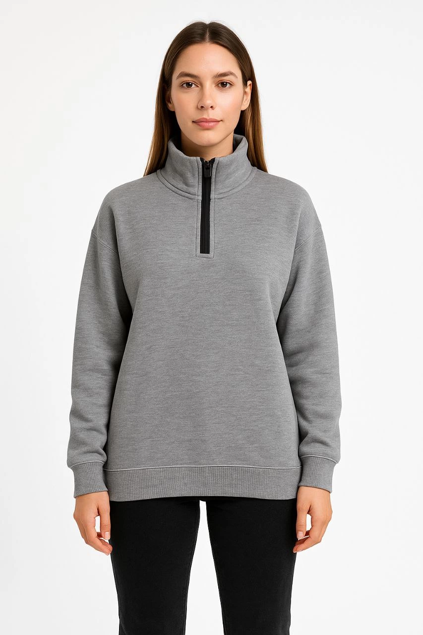 Üç İplik Dık Yaka Yarım Fermuarlı SweatShirt - Gri -