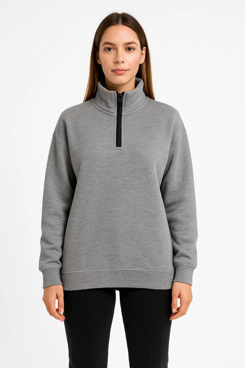 Üç İplik Dık Yaka Yarım Fermuarlı SweatShirt - Gri -