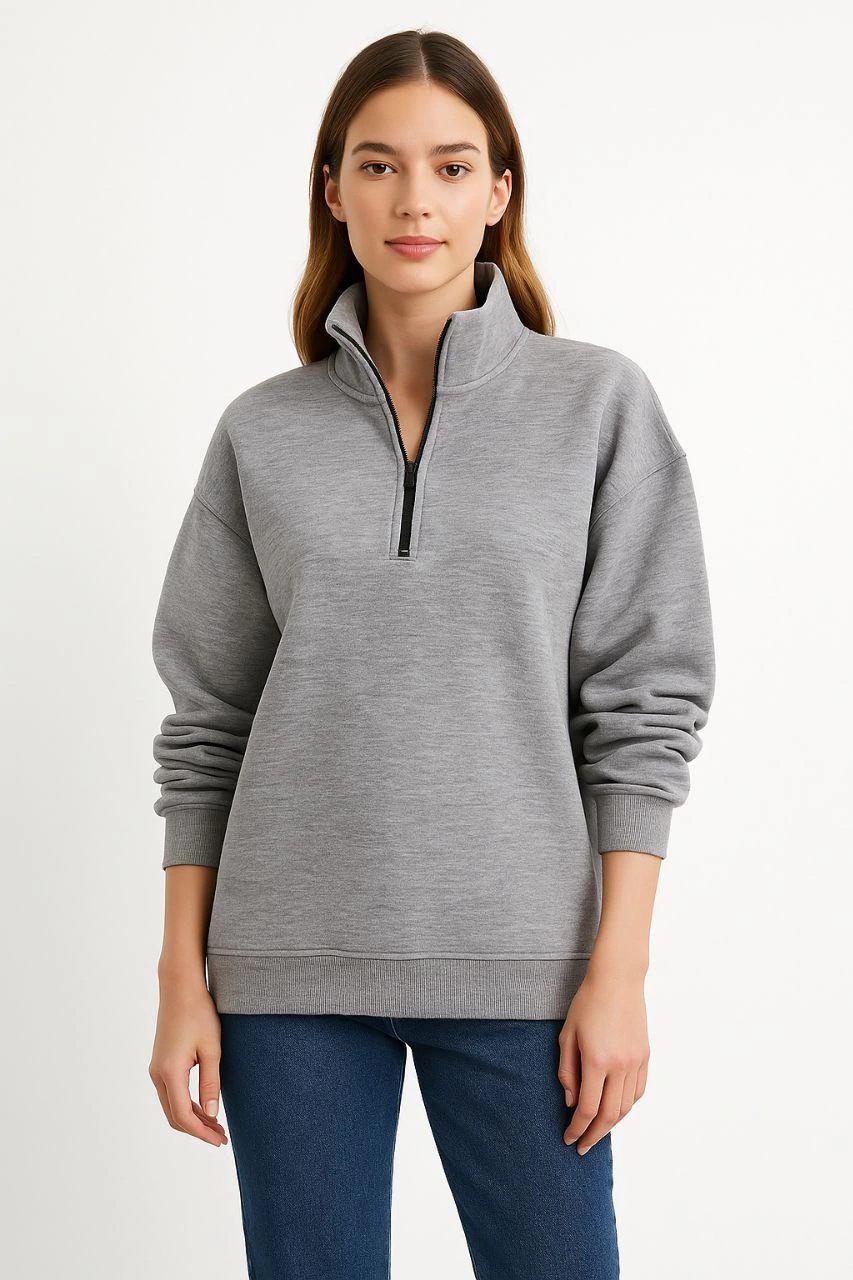 Üç İplik Dık Yaka Yarım Fermuarlı SweatShirt - Gri -