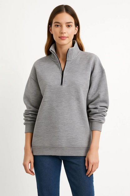 Üç İplik Dık Yaka Yarım Fermuarlı SweatShirt - Gri -